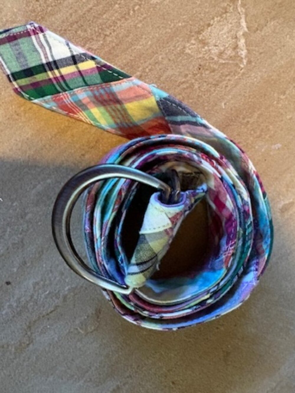 LL Bean Women's Madras Plaid Pastels Brights 100% Cotton Double D Ring Belt S/M